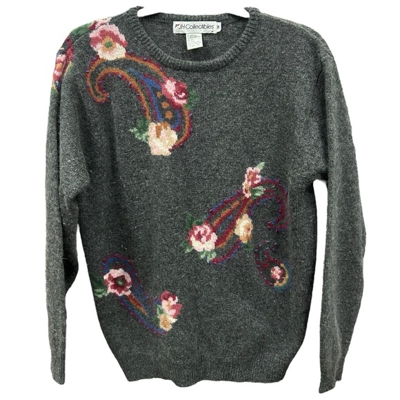 JH Collectibles Sweaters - JH Collectibles Vintage Women’s Gray Floral‎ Wool Blend Sweater  Sz M